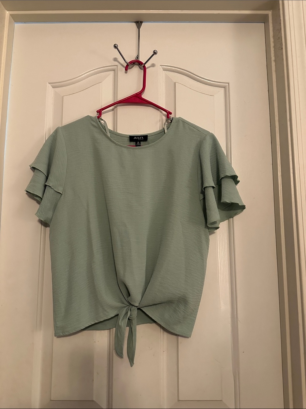 Ruffle Sleeve Tie-Front Blouse in Mint Green